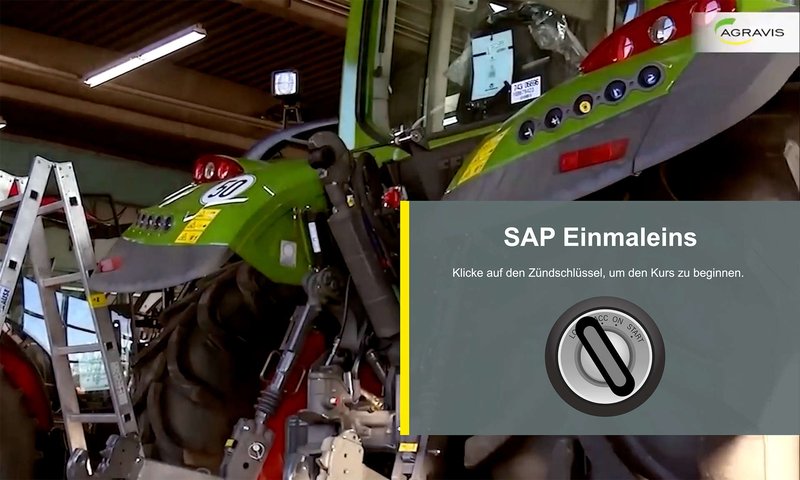 Um das „SAP-Einmaleins“ zu starten, klicken Teilnehmende auf einen animierten „Zündschlüssel“, der lautstark den Motor einer Landmaschine anwirft.