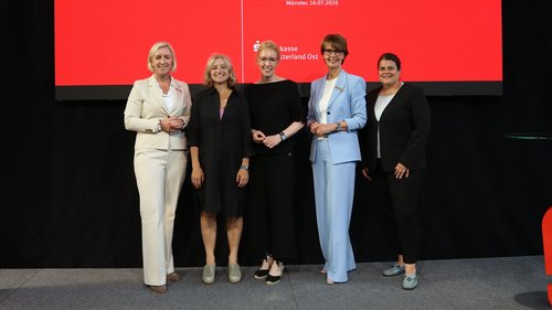 Schafften einen Rahmen für Fragen und Perspektiven rund um Künstliche Intelligenz (von links): Vanessa Halsbenning (Bereichsleiterin Sparkasse Münsterland Ost), Prof. Dr. Isabell Welpe (TU München School of Management), Dr. Annegret Saxe (Vorständin Sparkasse Münsterland Ost), Mechtild Pieper (Vorstandsvertreterin Sparkasse Münsterland Ost) und Johanna Heuschmann-Lütgendorf (Teamleiterin Private Banking Sparkasse Münsterland Ost). Foto: Sparkasse Münsterland Ost